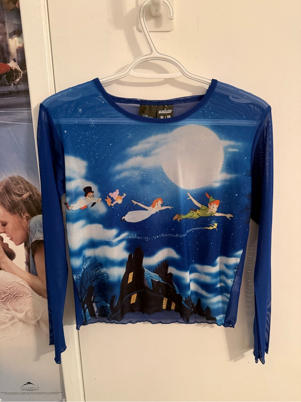 Blue Peter Pan Print Long-Sleeve Mesh Top